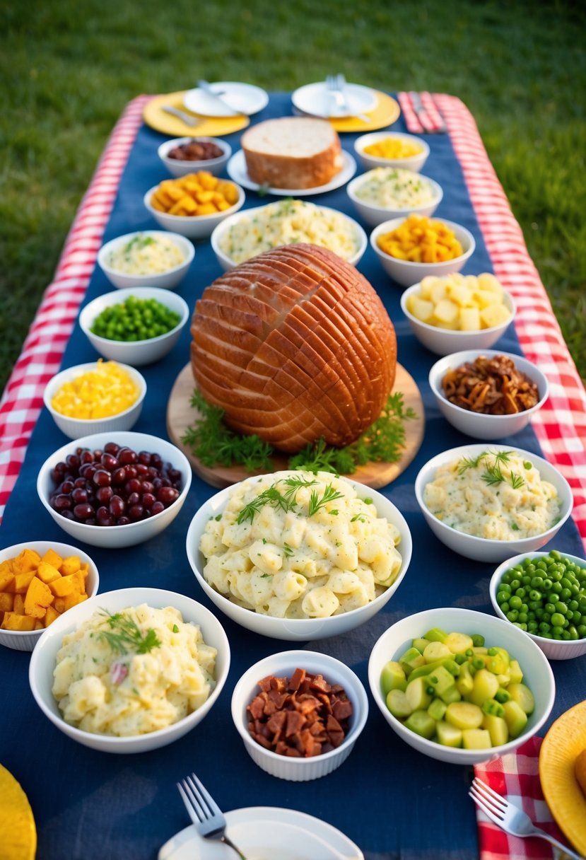A picnic table with a spread of classic potato salad and 20 other side dishes arranged around a large ham as the centerpiece